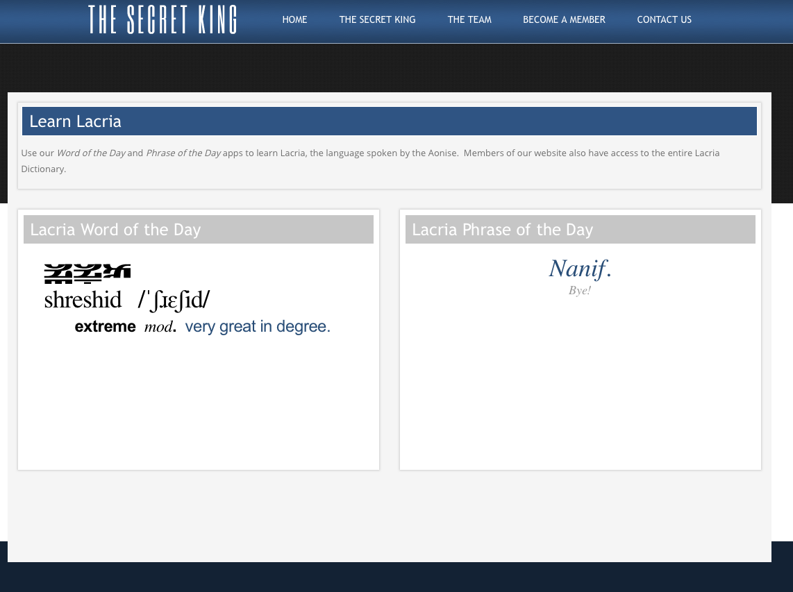 Secret King language-learning application displaying vocabulary and translations