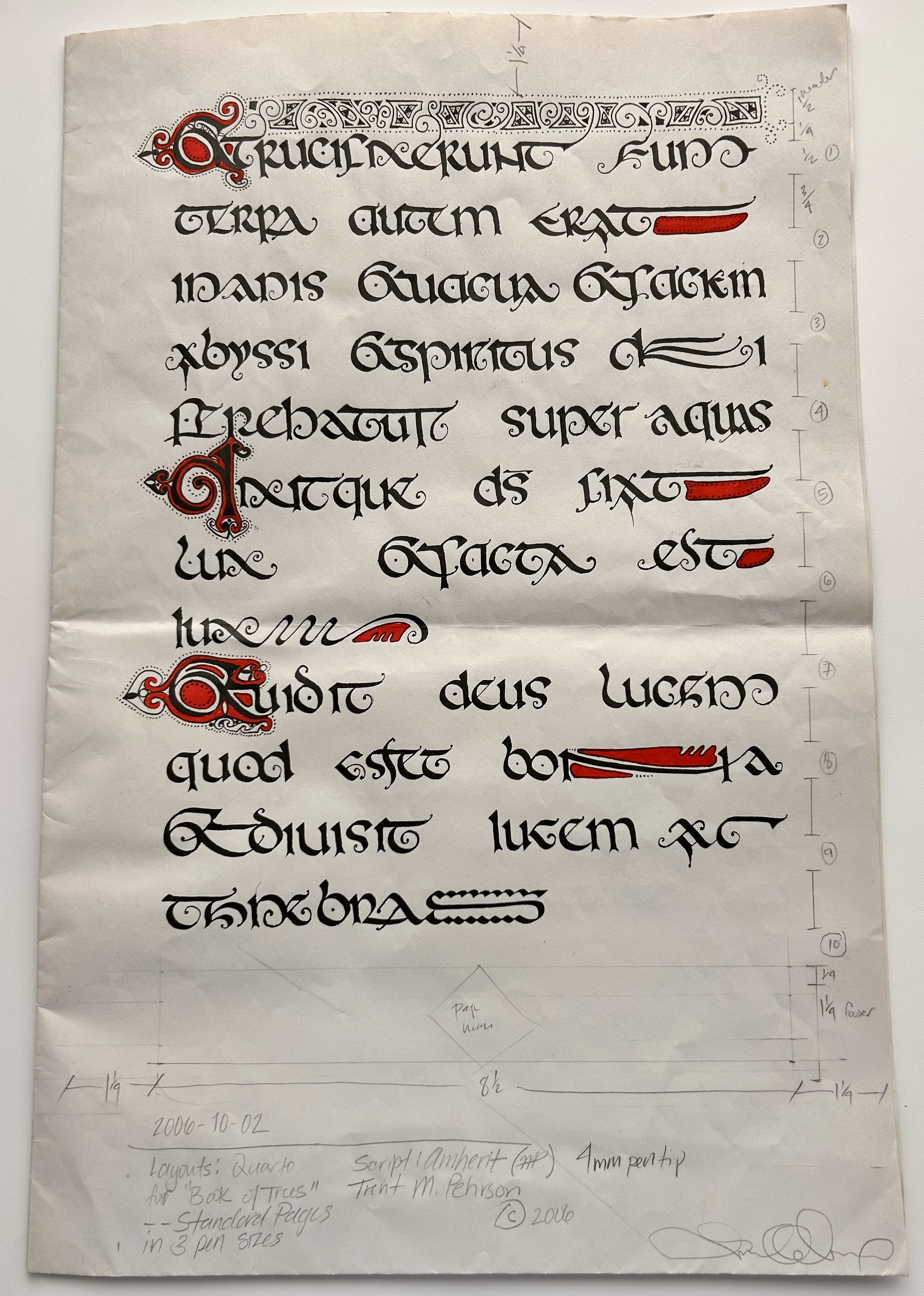 Calligraphic manuscript study with Latin text, ornamental initials, and red and black lettering